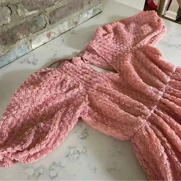 La’Ven Pink Rose Print Puff Shoulder Midi Dress Size M- B08 - Picture 4 of 12